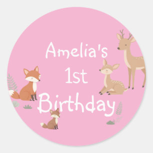 Sticker Rond Faveur de fête d'anniversaire d'animal de la forêt