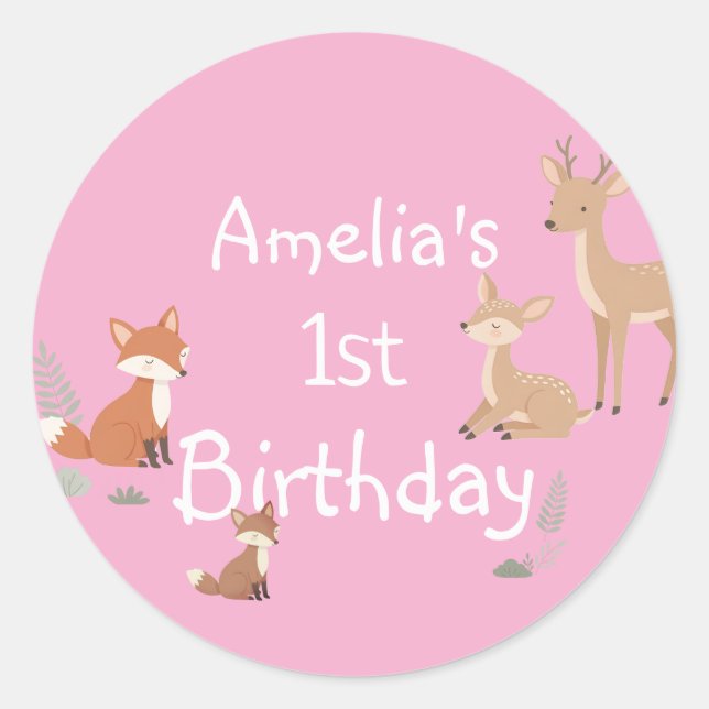 Sticker Rond Faveur de fête d'anniversaire d'animal de la forêt (Devant)