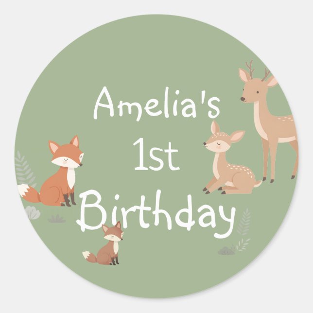 Sticker Rond Faveur de fête d'anniversaire d'animal de la forêt (Devant)