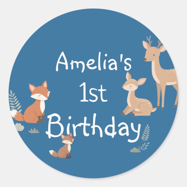 Sticker Rond Faveur de fête d'anniversaire d'animal de la forêt (Devant)