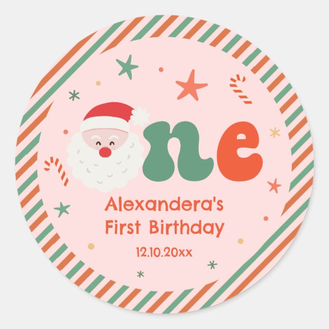 Sticker Rond Faveur de fête d'anniversaire de Noël rose pour 1e (Devant)
