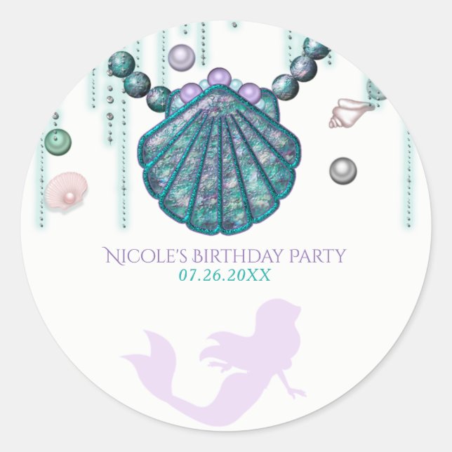 Sticker Rond Faveur de fête d'anniversaire de sirène violette d (Devant)