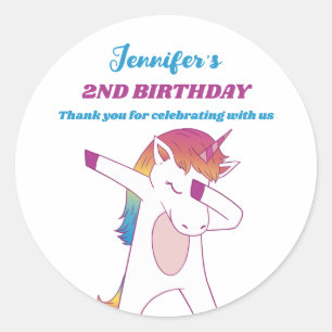 Sticker Rond Faveur de fête d'anniversaire drôle de licorne qui