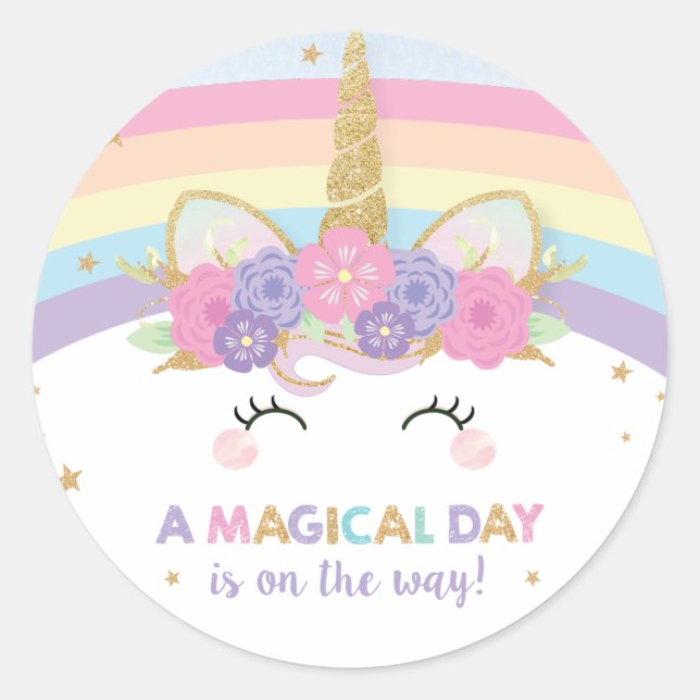 Sticker Rond Faveur de fête d'anniversaire Licorne Arc-en-ciel  (Devant)