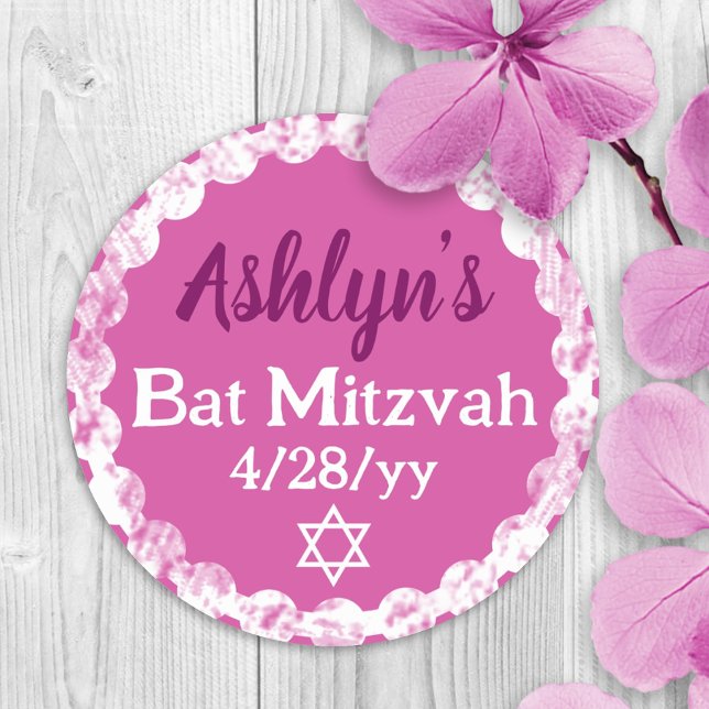 Sticker Rond Faveur de fête de Bat Mitzvah personnalisée Rose B (pink violet, berry personalized bat mitzvah party favor sticker or invitation envelope seal, label)