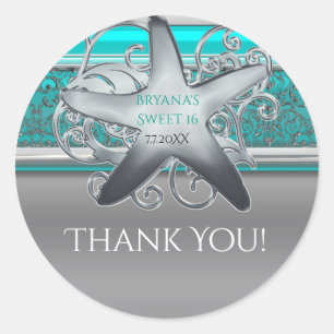 Sticker Rond Faveur de fête de plage étoile de mer Aqua & argen