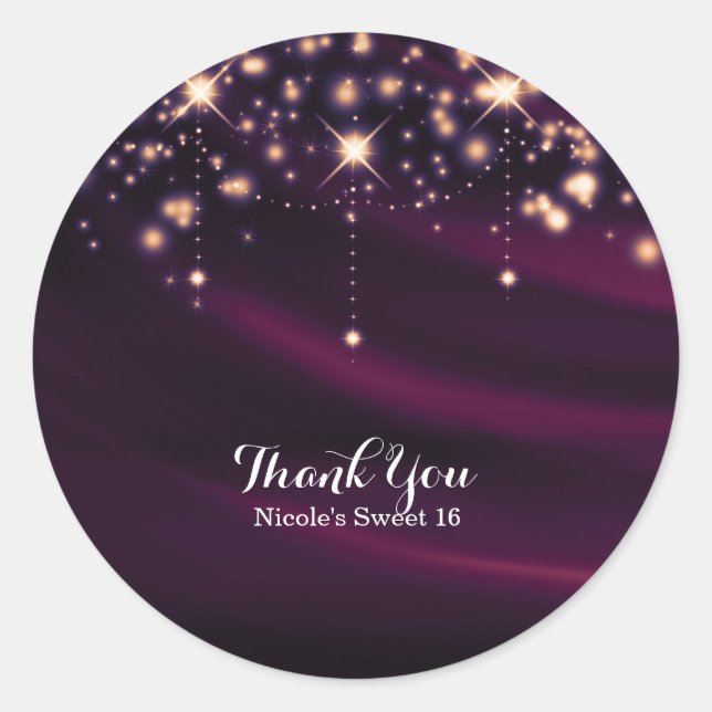 Sticker Rond Faveur de fête de soie violette et paillettes doré (Devant)