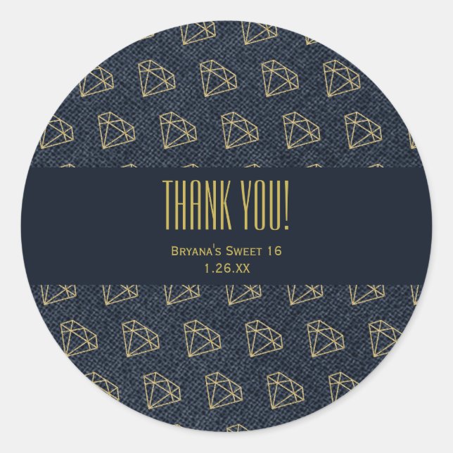 Sticker Rond Faveur de fête dorée et bleue Denim & Diamonds Gla (Devant)