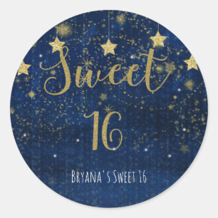 Sticker Rond Faveur de fête douce 16 Bright Blue & Gold Stars