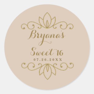 Sticker Rond Faveur de fête élégante rose et or perle blanche