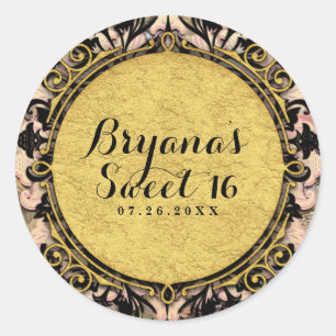 Sticker Rond Faveur de fête Glamour Rose Noir & Or Tourbillon A