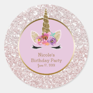 Sticker Rond Faveur de fête Licorne Pailletée Glam Or Rose Blan