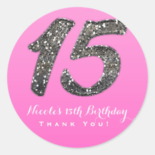 Sticker Rond Faveur de fête Paillettes Rose & Argent Quinze 15