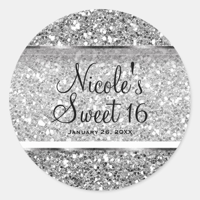 Sticker Rond Faveur de fête personnalisée Silver Glitter Glam S (Devant)