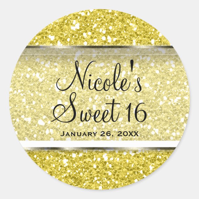 Sticker Rond Faveur de fête personnalisée Sweet 16 Glam Paillet (Devant)