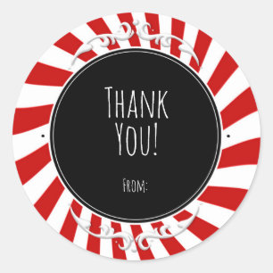 Sticker Rond Faveur de fête rayures fantaisistes rouges et blan