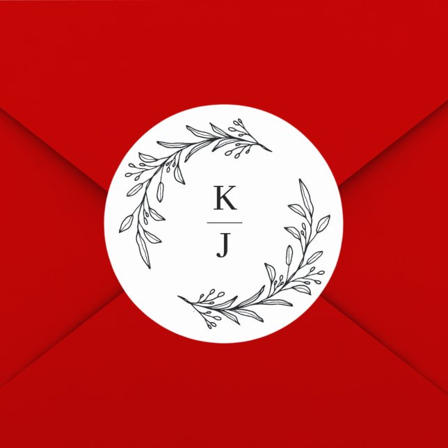 Sticker Rond Faveur de mariage à initiale de monogramme à feuil (Botanical monogram favor sticker adds elegant charm to your personalized wedding gifts.)