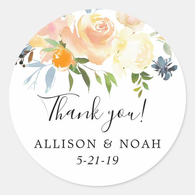 Sticker Rond Faveur de mariage à l'aquarelle bleu corail pêche (Devant)