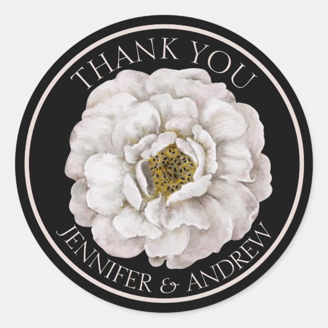 Sticker Rond Faveur de mariage Bohème Blanche Florale & Noire (Devant)