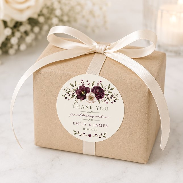 Sticker Rond Faveur de mariage botanique prune élégante olive (Créateur téléchargé)