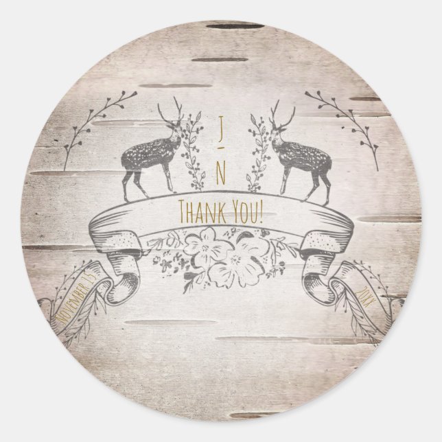 Sticker Rond Faveur de mariage Cerf rustique & Branches de boul (Devant)
