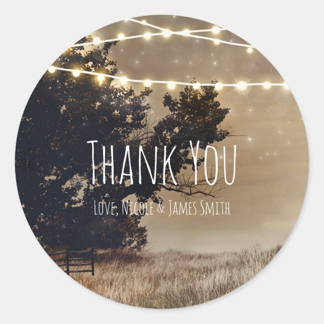 Sticker Rond Faveur de mariage Champ rustique et lumières de ca (Devant)