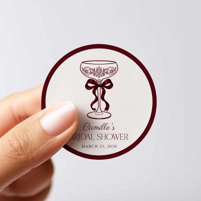 Sticker Rond Faveur de mariage champagnisé (Champagne Burgundy Bow Bridal Shower Sticker )
