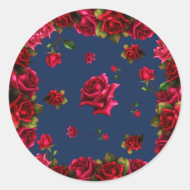 Sticker Rond Faveur de mariage chic démodé roses rouges bleus (Devant)