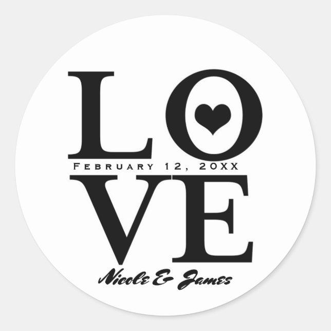 Sticker Rond Faveur de mariage chic moderne noir et blanc "AMOU (Devant)