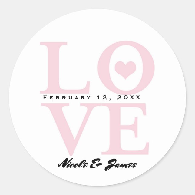 Sticker Rond Faveur de mariage chic moderne rose et blanc LOVE (Devant)