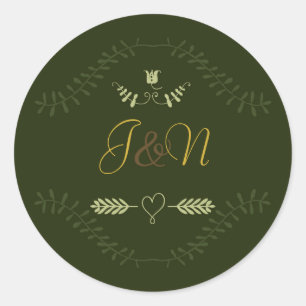 Sticker Rond Faveur de mariage de la forêt botanique verte rust