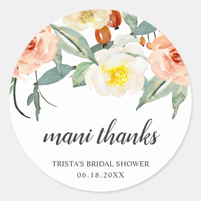 Sticker Rond Faveur de mariage floral de pêche Merci Mani (Devant)