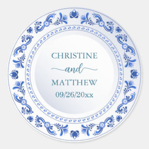 Sticker Rond Faveur de mariage florale bleue en porcelaine