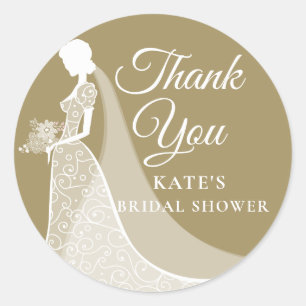 Sticker Rond Faveur de Mariage Gold and White Robe en Dentelle