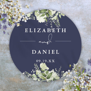 Sticker Rond Faveur de mariage Navy Blue Floral Greenery