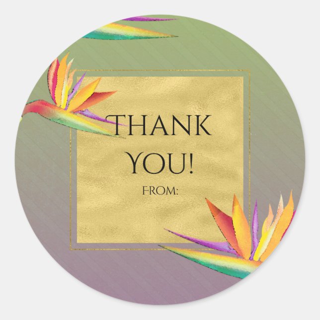 Sticker Rond Faveur de mariage or violet et vert Bird of Paradi (Devant)