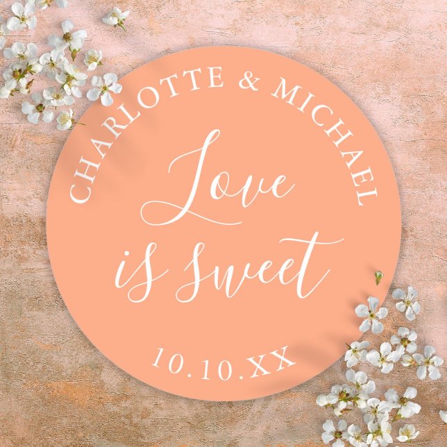 Sticker Rond Faveur de mariage Peach Love Is Sweet  (Peach Love Is Sweet Wedding Favor Classic Round Sticker)