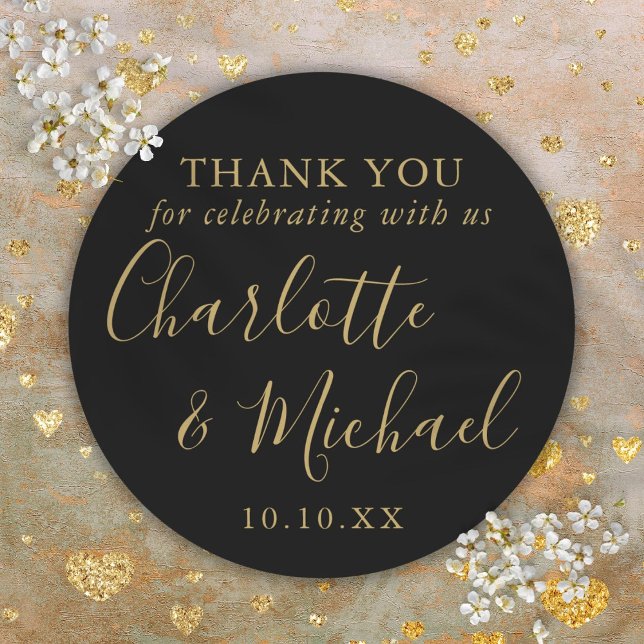 Sticker Rond Faveur de mariage remerciement signature noir et o (Black And Gold Signature Wedding Favor Thank You Classic Round Sticker)