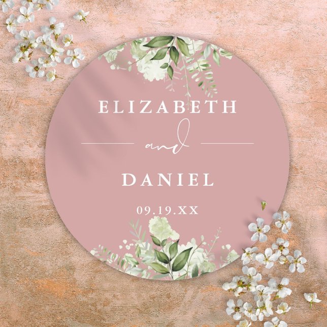 Sticker Rond Faveur de mariage rose poussiéreuse de verdure flo (Floral Greenery Dusty Rose Wedding Favor Classic Round Sticker)