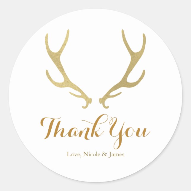 Sticker Rond Faveur de mariage rustique en or avec bois de cerf (Devant)