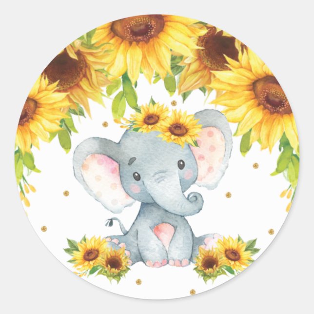 Sticker Rond Faveur de naissance Fête bébé Tournesol Eléphant  (Devant)