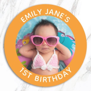 Sticker Rond Faveur de photo de famille Orange pour 1er anniver