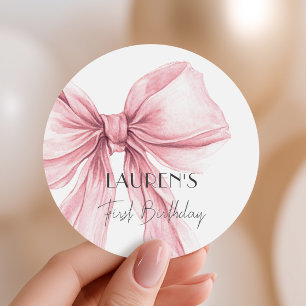 Sticker Rond Faveur de premier anniversaire à ruban rose
