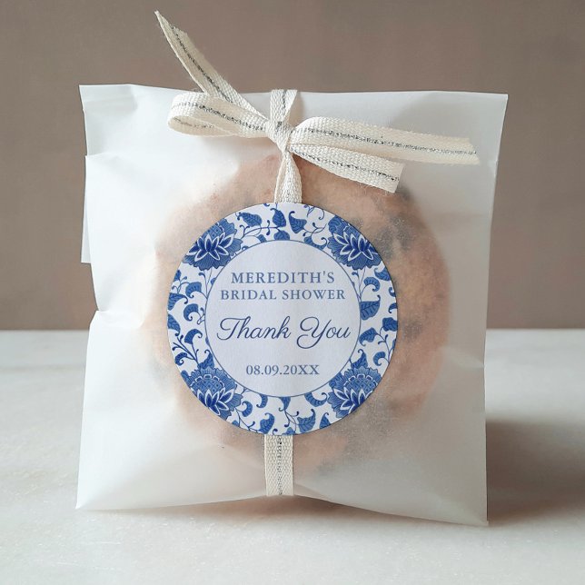 Sticker Rond Faveur de remerciement de Baby Shower de mariage b (Handpainted blue and white antique pattern Bridal Shower Favor or Baby Shower thank you sticker)