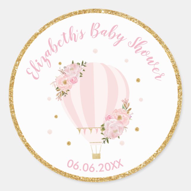 Sticker Rond Faveur de remerciement Montgolfière Fleurie Rose (Devant)
