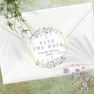 Sticker Rond Faveur de sauvegarde de date florale de sauge et d