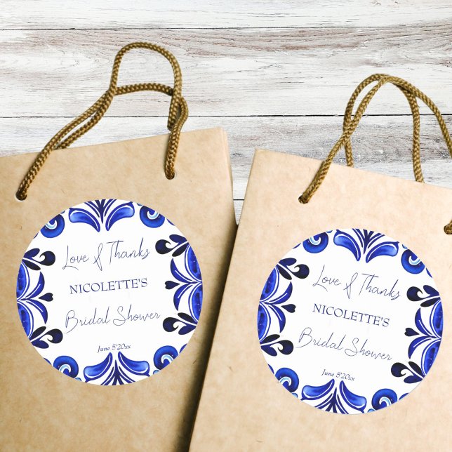 Sticker Rond Faveur de shower de mariage en carreau méditerrané (French Blue Mediterranean tile bridal shower thank you favor Stickers Mexican Spanish folk art)