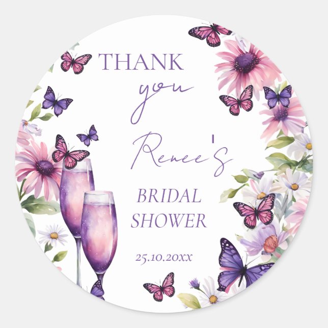 Sticker Rond Faveur de shower de mariée papillons violets  (Devant)