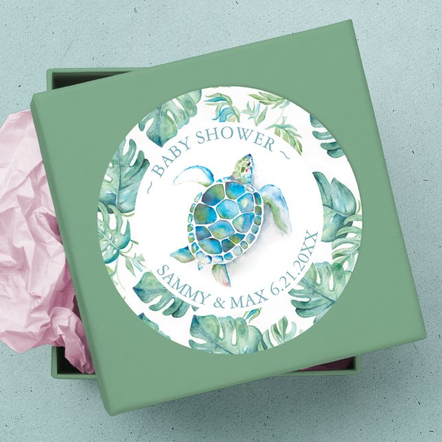 Sticker Rond Faveur de Tortue de Mer et de Végétation à l'Aquar (thank you sticker sea turtle baby shower)