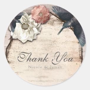 Sticker Rond Faveur florale et colibri de bouleau blanc rustiqu